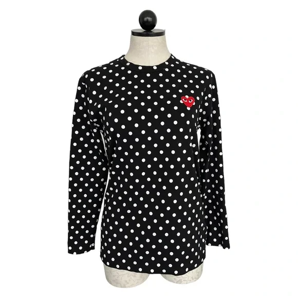 Comme Des Garcons Play Polka Dot Long 100% Cotton Tee Embroidered Heart Size L - Picture 5 of 15